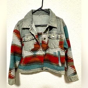 Women's Denim Aztec Jacket Lapel Long Sleeve Vintage Button Down  Denim Jacket